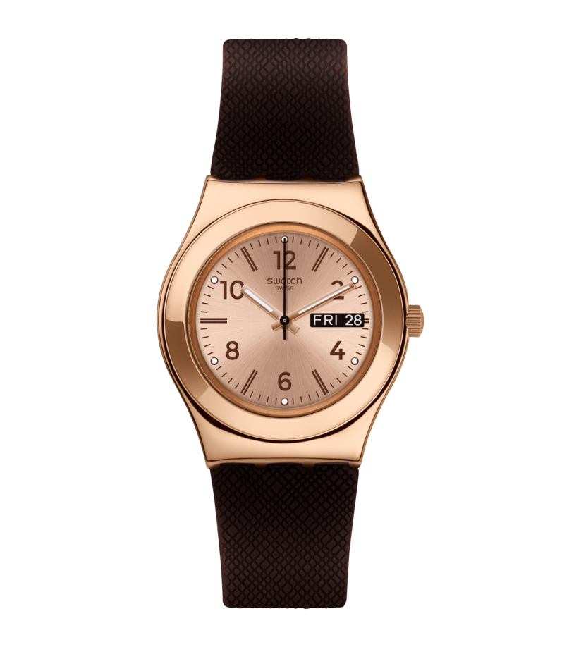 Swatch Irony Medium YLG701 Brownee Damen Armbanduhr • Roségold PVD-Gehäuse • Silikon-Armband
