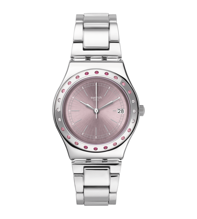 Swatch Irony Medium YLS455G Damen Armbanduhr Rosa • Edelstahlgehäuse mit Kristallbesatz • Datumsanzeige bei 3 Uhr