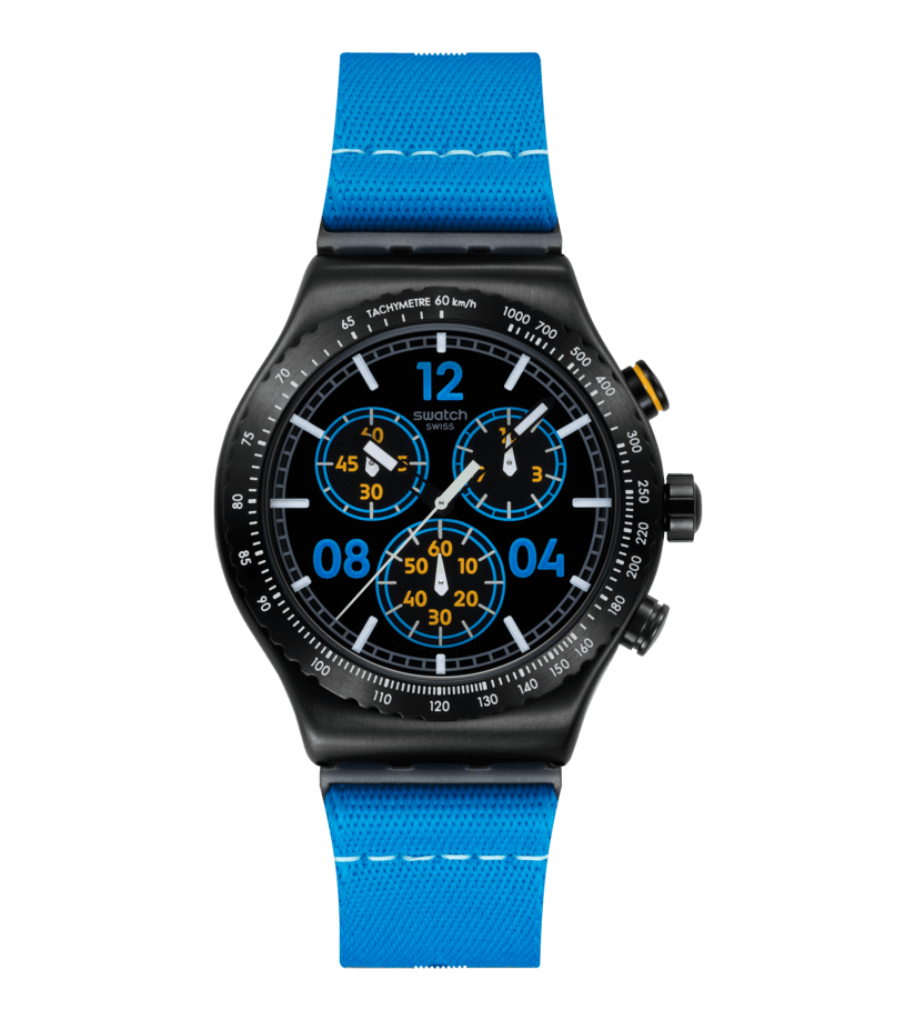 Swatch Irony Chrono New YVB100 Moments in Blue Herren • Tachymeter-Lünette • Leuchtzeiger mit Glow-Effekt