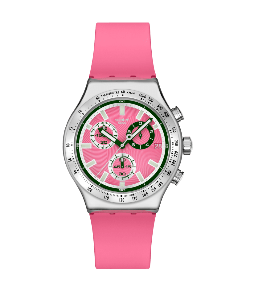 Swatch Irony Chrono New YVS538 Damenuhr Rosa • Leuchtzeiger & Leuchtindizes • Tachymeter-Lünette