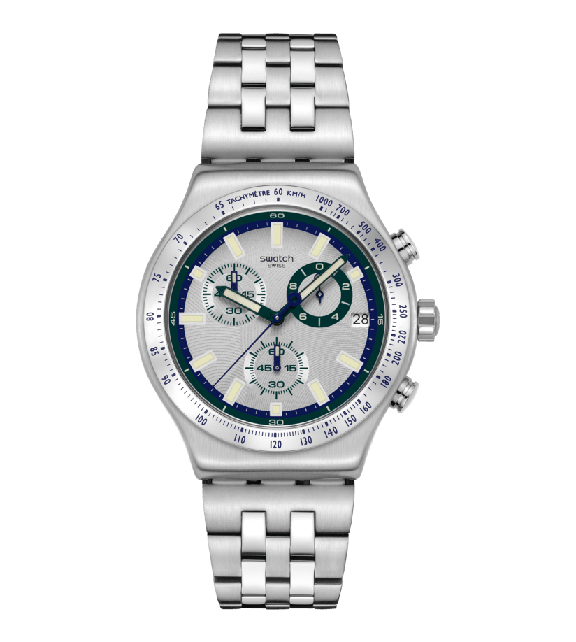 Swatch Irony Chrono New YVS539G Armbanduhr Silber • Chronograph mit Leuchtzeigern • Edelstahlarmband mit