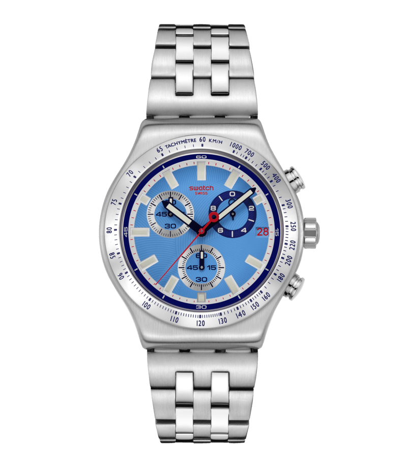 Swatch Irony YVS541G Midday in the Mirror Herrenuhr Hellblau • Chronograph mit Leuchtzeigern • Edelstahlarmband mit