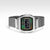 Orologio digitale con cassa argentata e display LCD verde, cinturino in maglia con chiusura