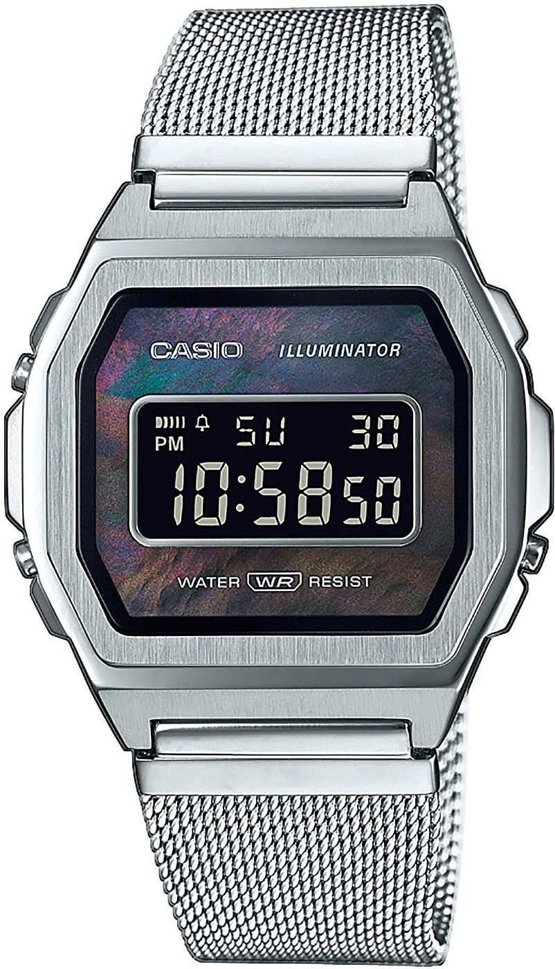 Orologio digitale da uomo con cinturino in maglia argentata e display LCD rettangolare