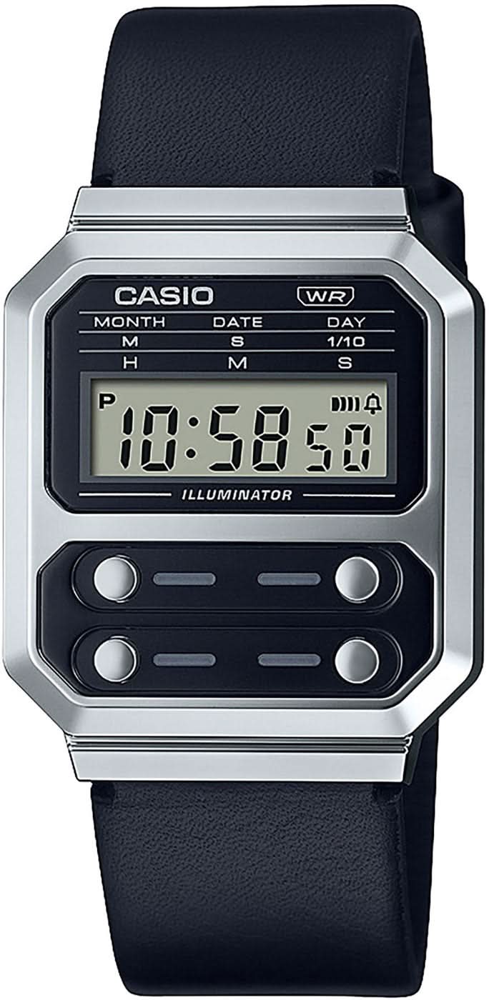 Orologio da polso retrò con cinturino in pelle nera, cassa argentata e display LCD