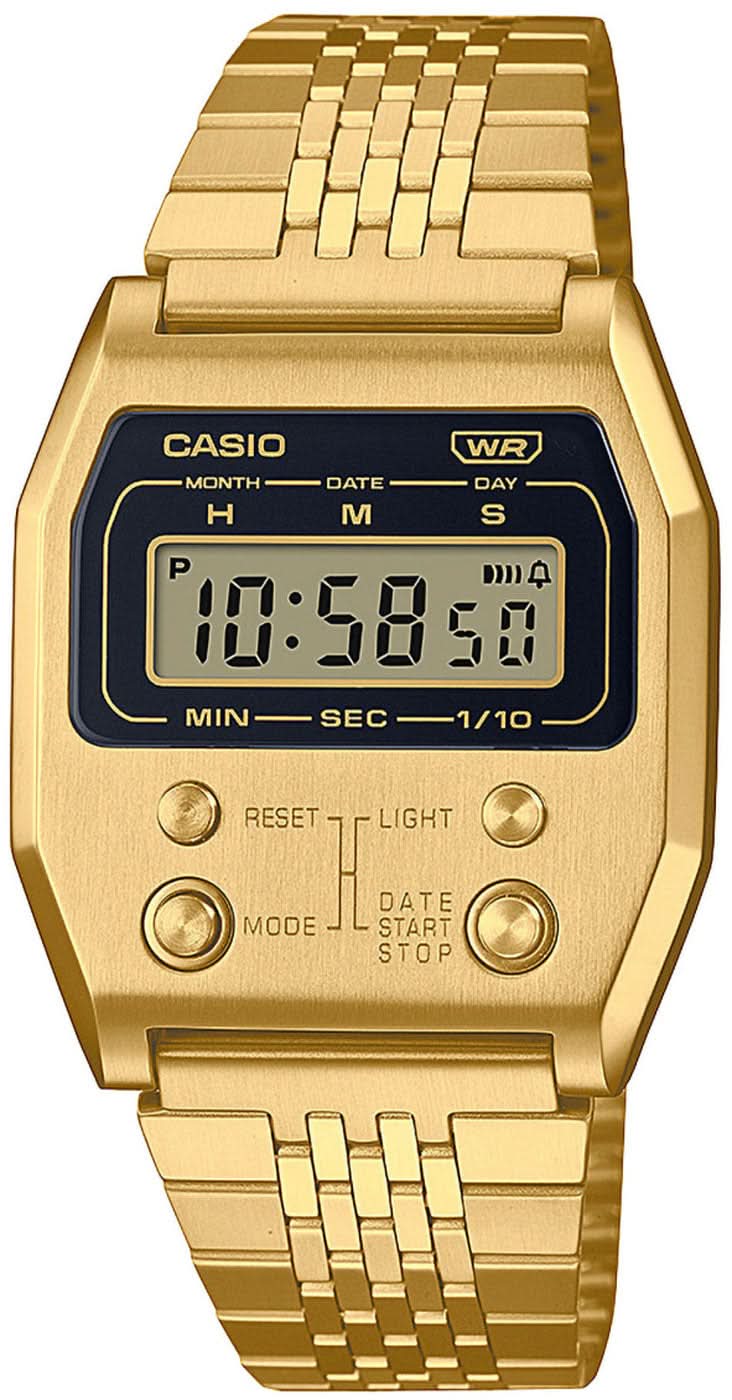 Orologio da polso digitale Casio con cinturino in acciaio inossidabile color oro e pulsanti frontali, display illuminato