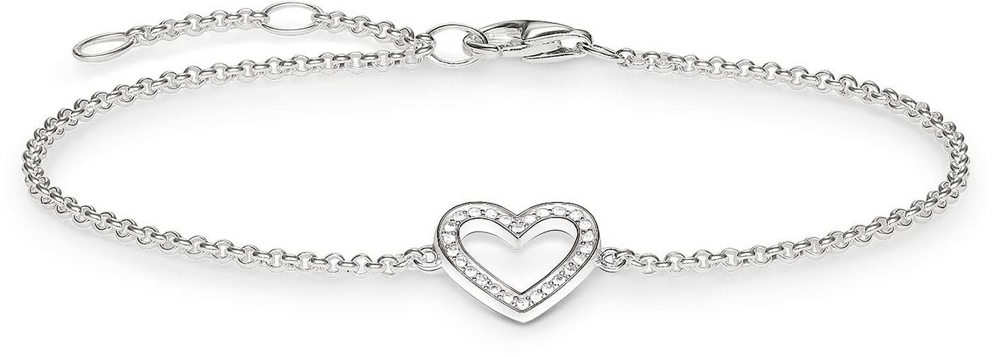 Bracciale in argento sterling 925 con catena a maglia fine e ciondolo a cuore con pietre incastonate