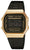 Digitale Vintage-Uhr mit goldfarbener Lünette, schwarzem Metallband und Digitalanzeige