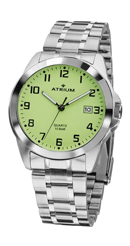 Orologio da uomo in argento con quadrante rotondo verde lime e cinturino in metallo, datario a ore 3
