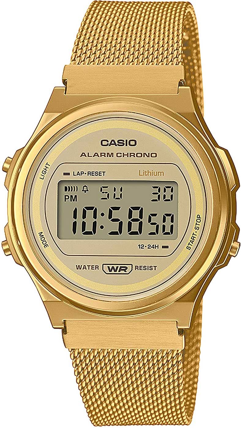 Casio Vintage A171WEMG-9AEF Orologio • Iconico Design Retrò • Bracciale in Maglia Dorata