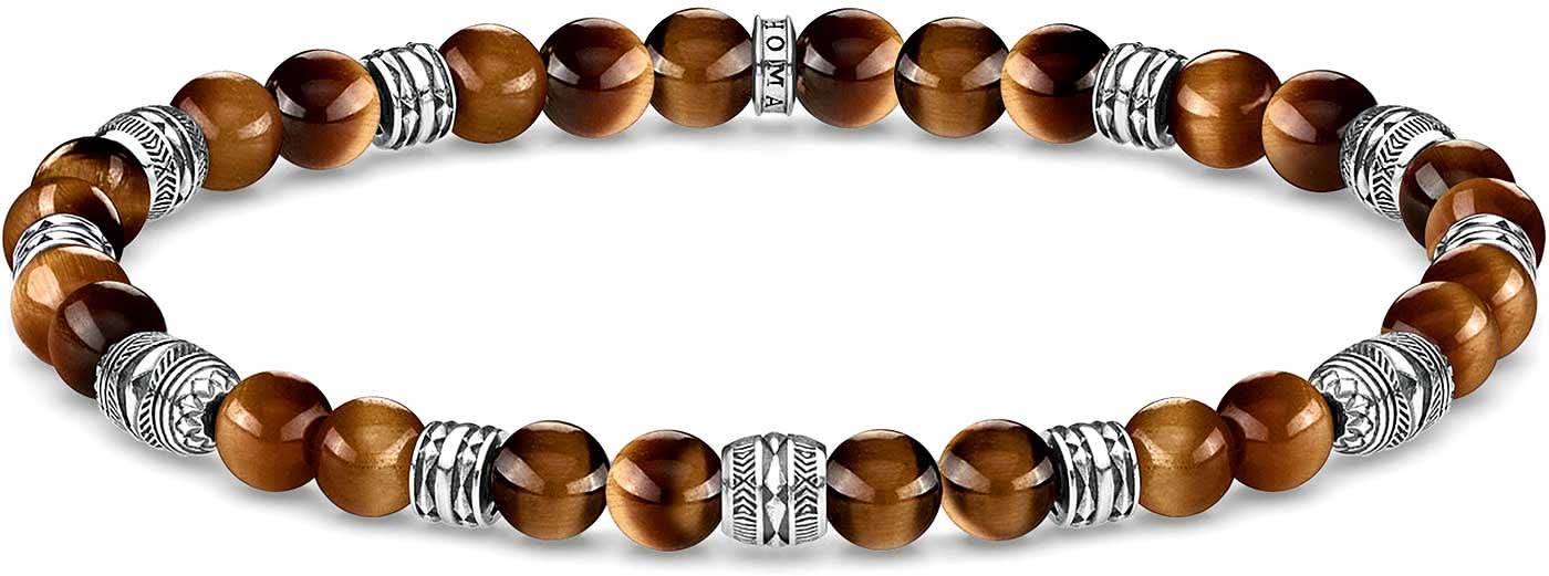 Bracciale in occhio di tigre con perle tonde di pietra marrone ed elementi decorati in argento sterling 925