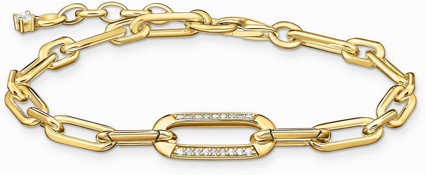 Bracciale a maglie color oro con elemento a forma di ancora tempestato di pietre e chiusura a moschettone