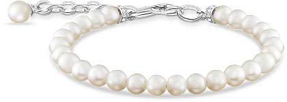 Bracciale di perle con perle bianche e catena a maglie d'argento, chiusura rotonda