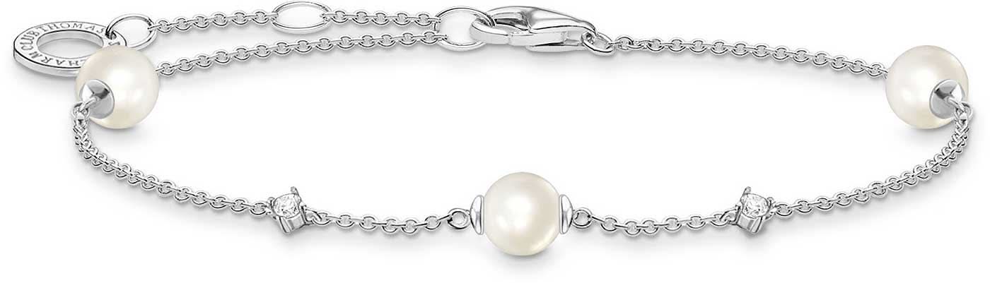 Bracciale in argento con perla e piccole pietre, chiusura a catena sottile
