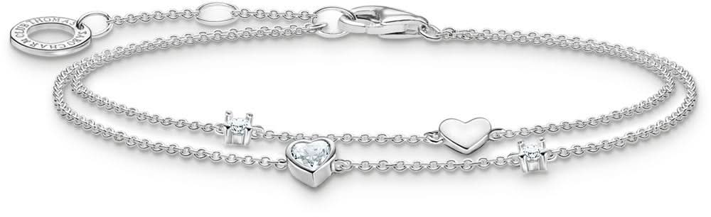 Bracciale doppio filo in argento con ciondoli a cuore e cuore centrale scintillante