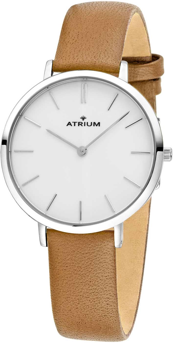 Orologio da donna Atrium con cassa piatta in metallo, quadrante bianco e cinturino in pelle marrone