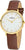 Orologio da donna con cinturino in pelle marrone, cassa dorata e quadrante bianco, lancette dorate