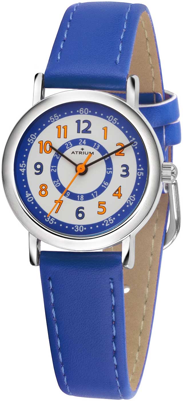 Orologio didattico per bambini Atrium con cinturino in pelle blu e quadrante didattico rotondo blu