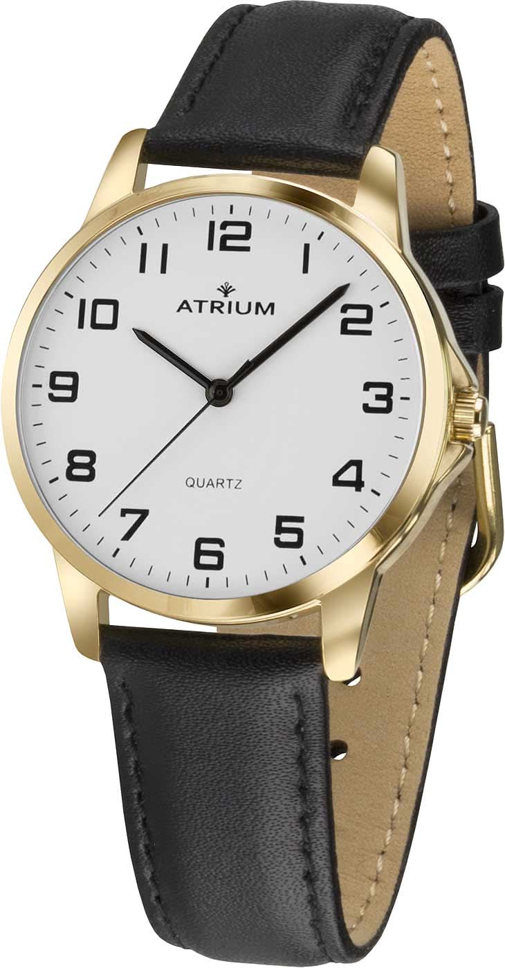 Orologio da uomo con cinturino in pelle nera, lunetta color oro e quadrante bianco (ATRIUM)