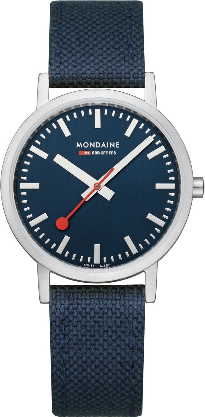 Orologio unisex con quadrante blu, cassa rotonda argentata e cinturino in tessuto blu scuro.