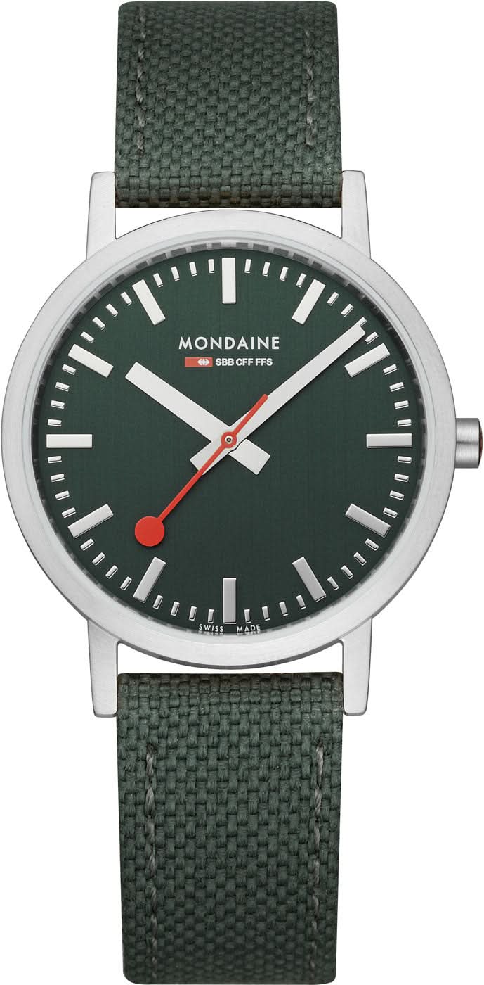 Orologio unisex con quadrante verde scuro, cassa argentata e cinturino in tessuto verde.
