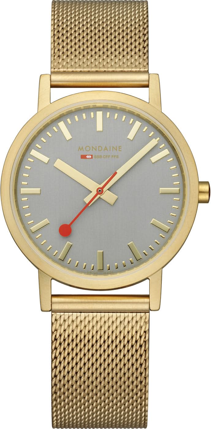 Orologio unisex con cinturino milanese color oro, quadrante rotondo grigio-blu e lancetta dei secondi rossa