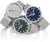 "Tre orologi da uomo con bracciale in maglia d'argento: quadrante grigio, blu e verde scuro."