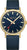 Mondaine Armbanduhr: blaues Zifferblatt, dunkelblaues Armband, goldfarbene Gehäuselünette