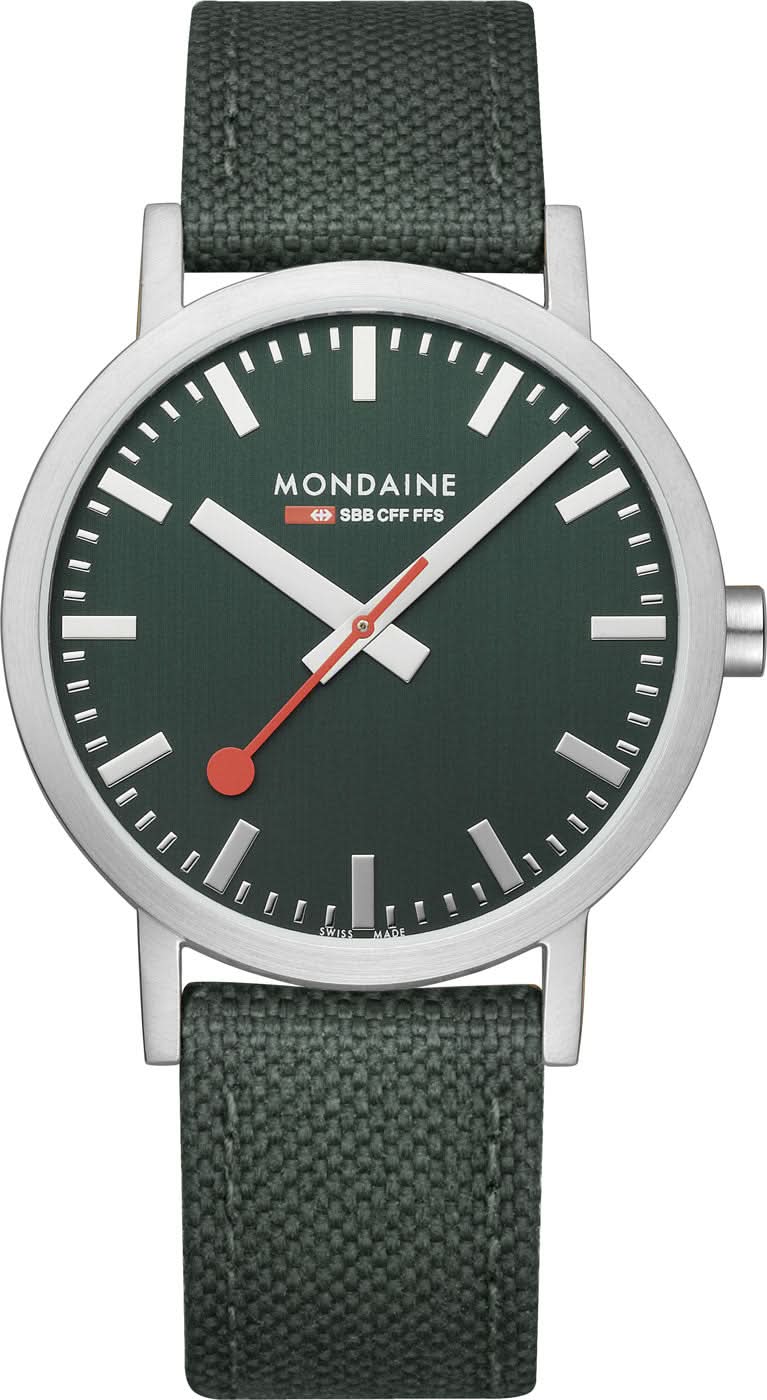 Orologio con cinturino in tessuto verde, quadrante verde scuro e cassa argentata
