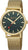 Herrenuhr mit goldfarbenem Mesh-Armband, dunkelgrünem Zifferblatt und roten Zeigern