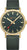 Unisex-Armbanduhr mit dunkelgrünem Zifferblatt, goldfarbenen Zeigern und grauem Stoffband.