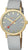 Unisex-Armbanduhr mit hellgrauem Zifferblatt, goldfarbener Krone und grauem Stoffband.