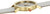 Armbanduhr-Detail: goldfarbene Lünette mit Krone und grauem Stoffband.