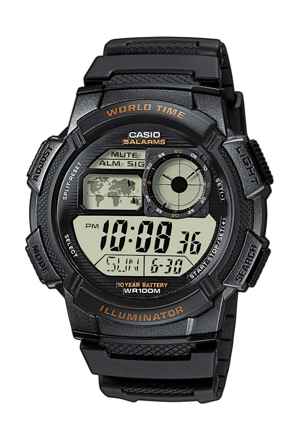 Orologio solare da uomo nero con display digitale, ora mondiale e Illuminator