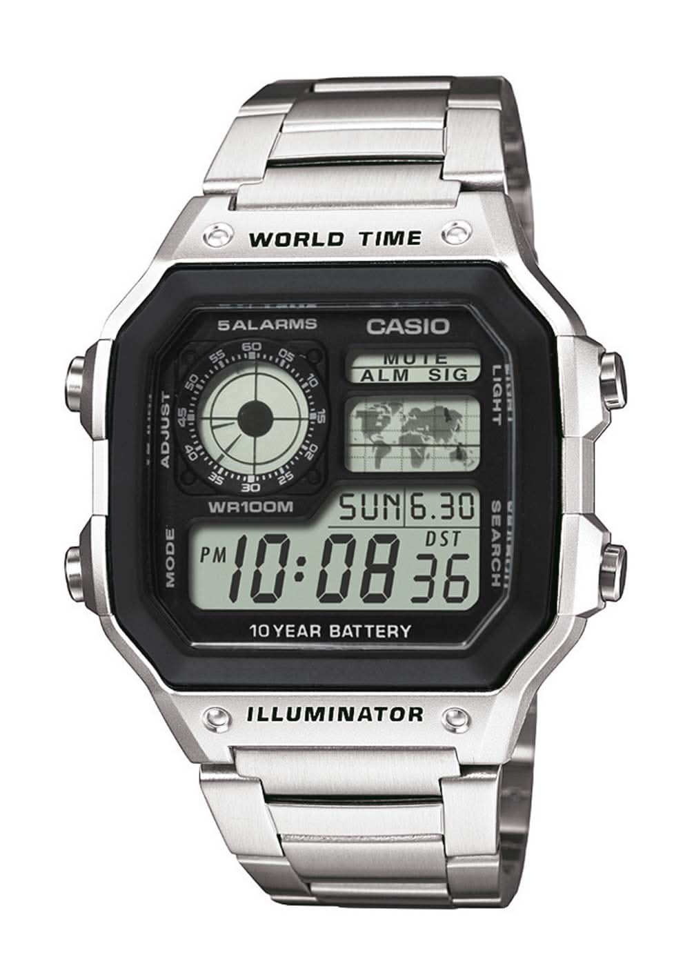 Orologio digitale da uomo con display nero e cinturino in acciaio inossidabile argentato, Casio