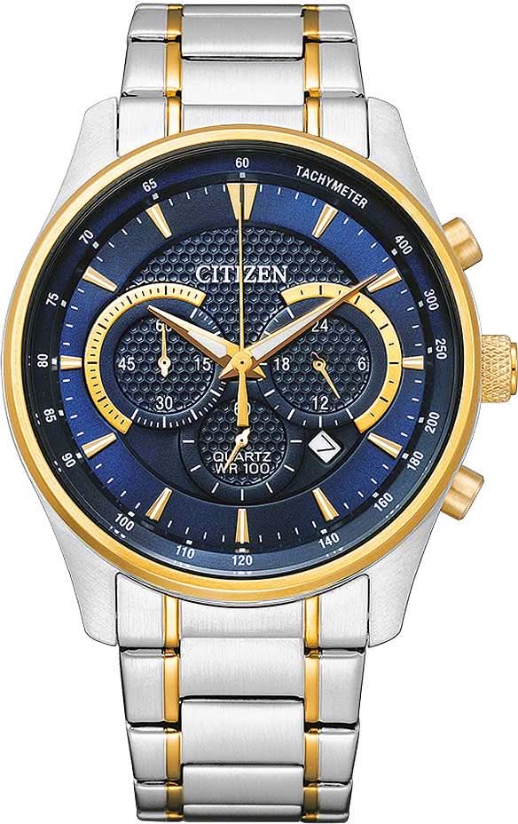 Zweifarbige Herrenarmbanduhr mit Chronograph, blauem Zifferblatt und Metallarmband