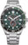 Herrenarmbanduhr mit dunkelgrünem Zifferblatt, Chronographen-Layout und Stahlband.