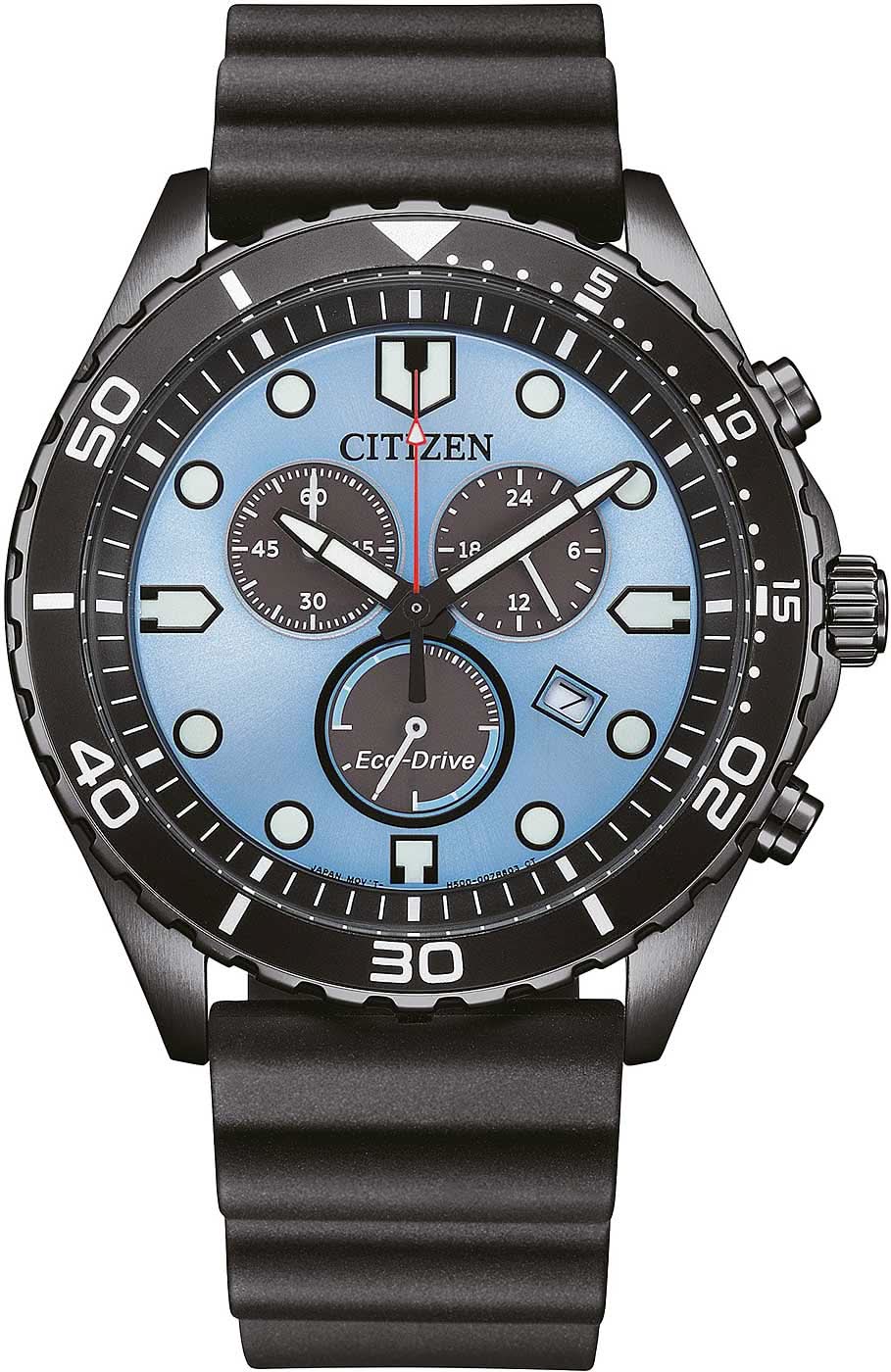 Herrenuhr mit schwarzem Armband und blauem Zifferblatt, Chronograph-Optik