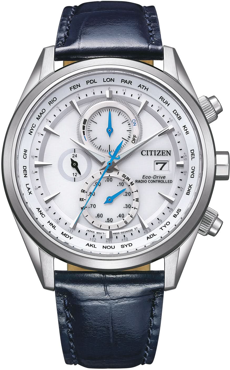 Herrenarmbanduhr mit blauem Lederarmband, silbernem Gehäuse und weißem Analogzifferblatt