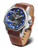 Orologio da uomo con cinturino in pelle marrone, quadrante blu e funzione GMT