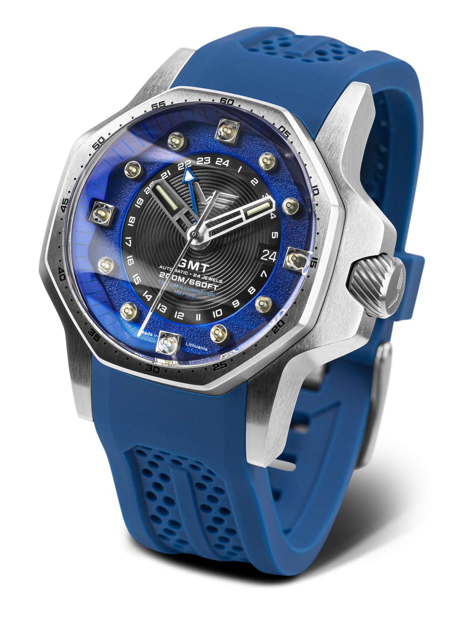 Orologio da uomo con cinturino in caucciù blu, quadrante blu e funzione GMT