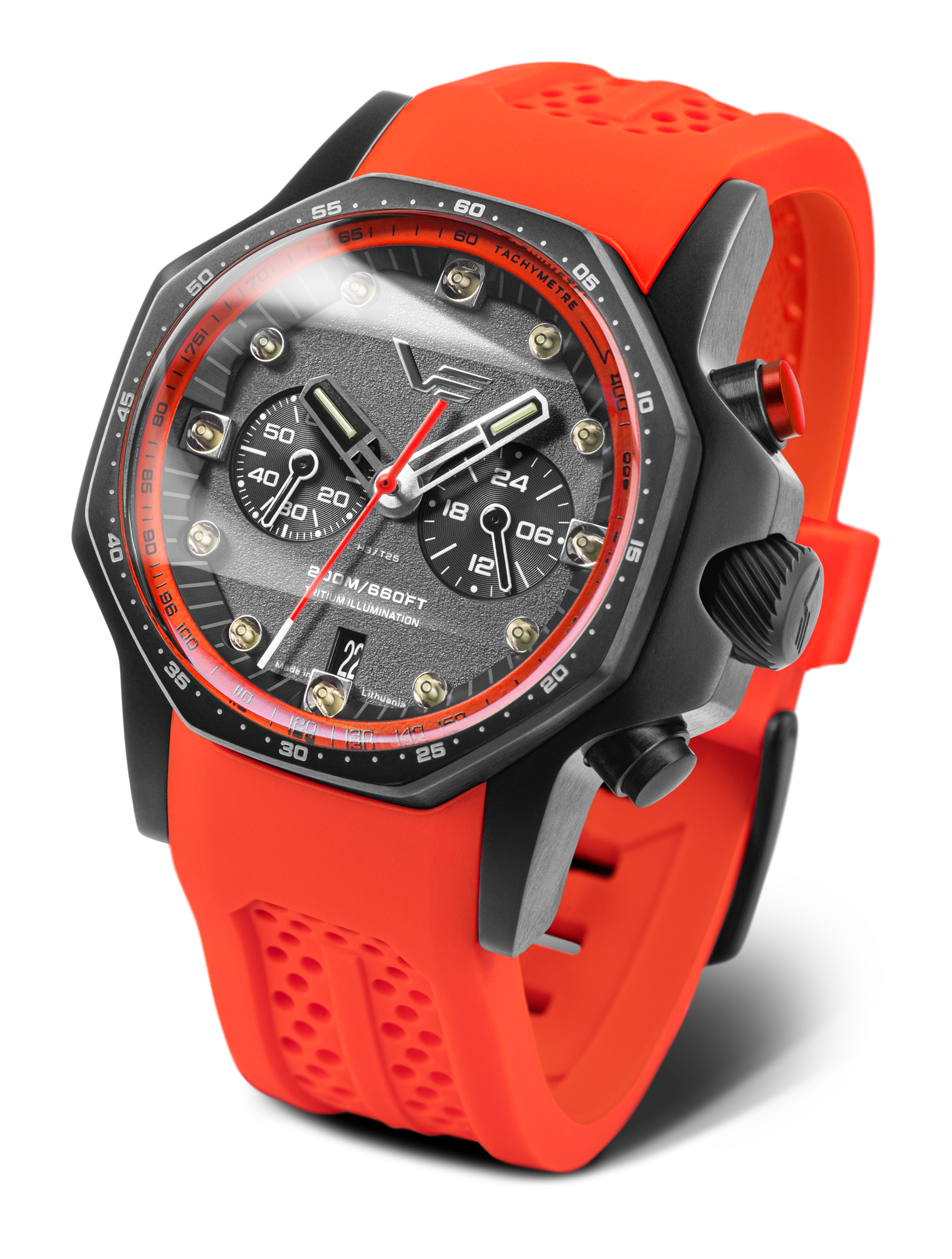Orologio da uomo con cassa nera, cinturino in silicone rosso e quadrante grigio