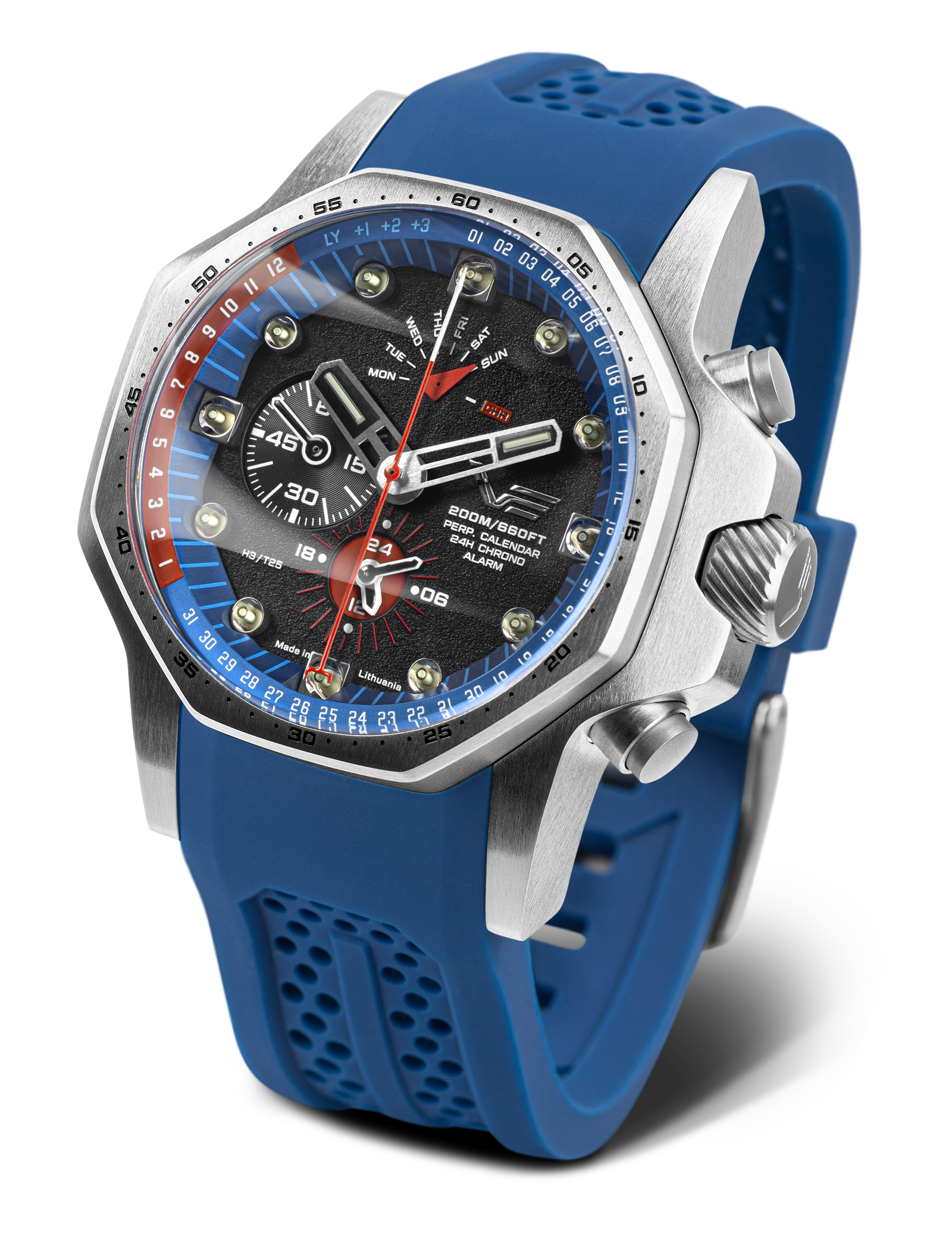 Orologio da uomo Vostok Europe con cinturino in silicone blu, lunetta blu e quadrante nero