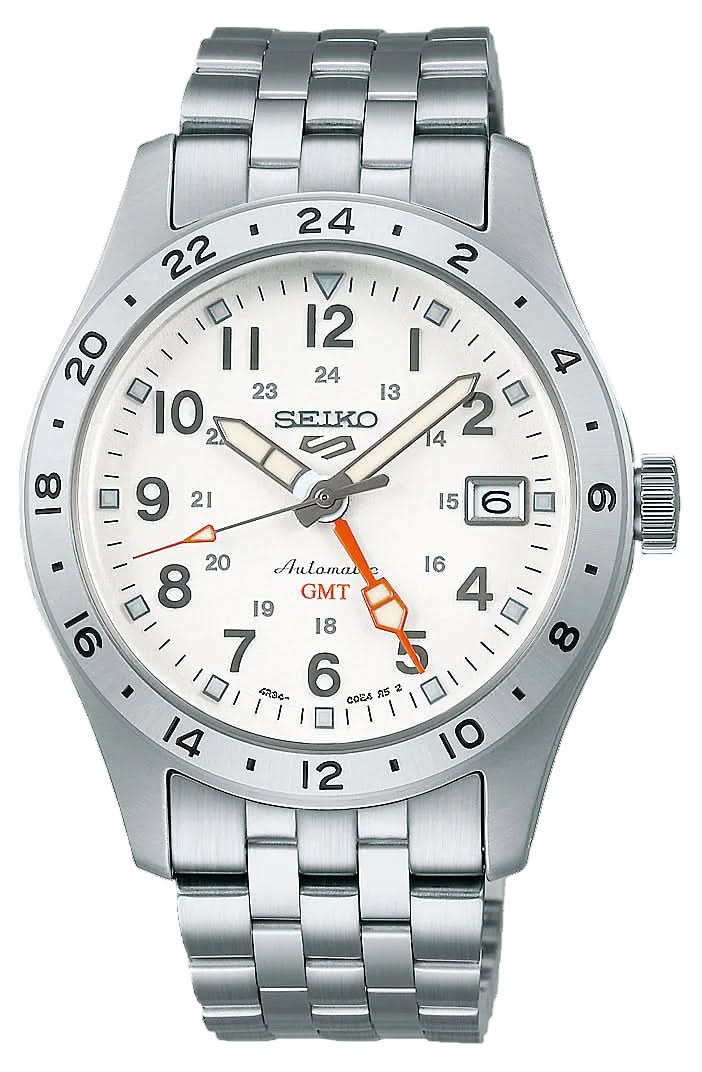 Orologio da uomo con quadrante argentato, lancetta GMT, datario a ore 6, cinturino in acciaio inossidabile