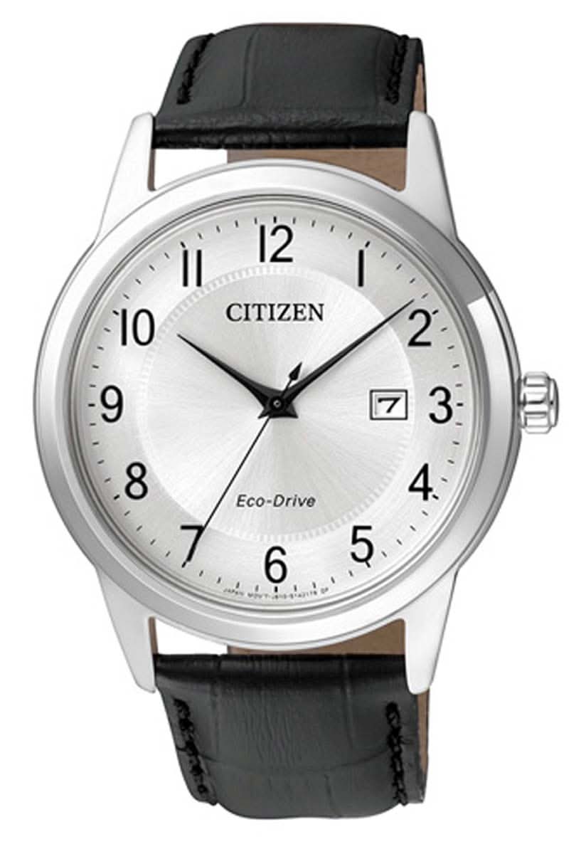 Citizen Herrenuhr mit silbernem Gehäuse, schwarzem Lederband und weißem Zifferblatt