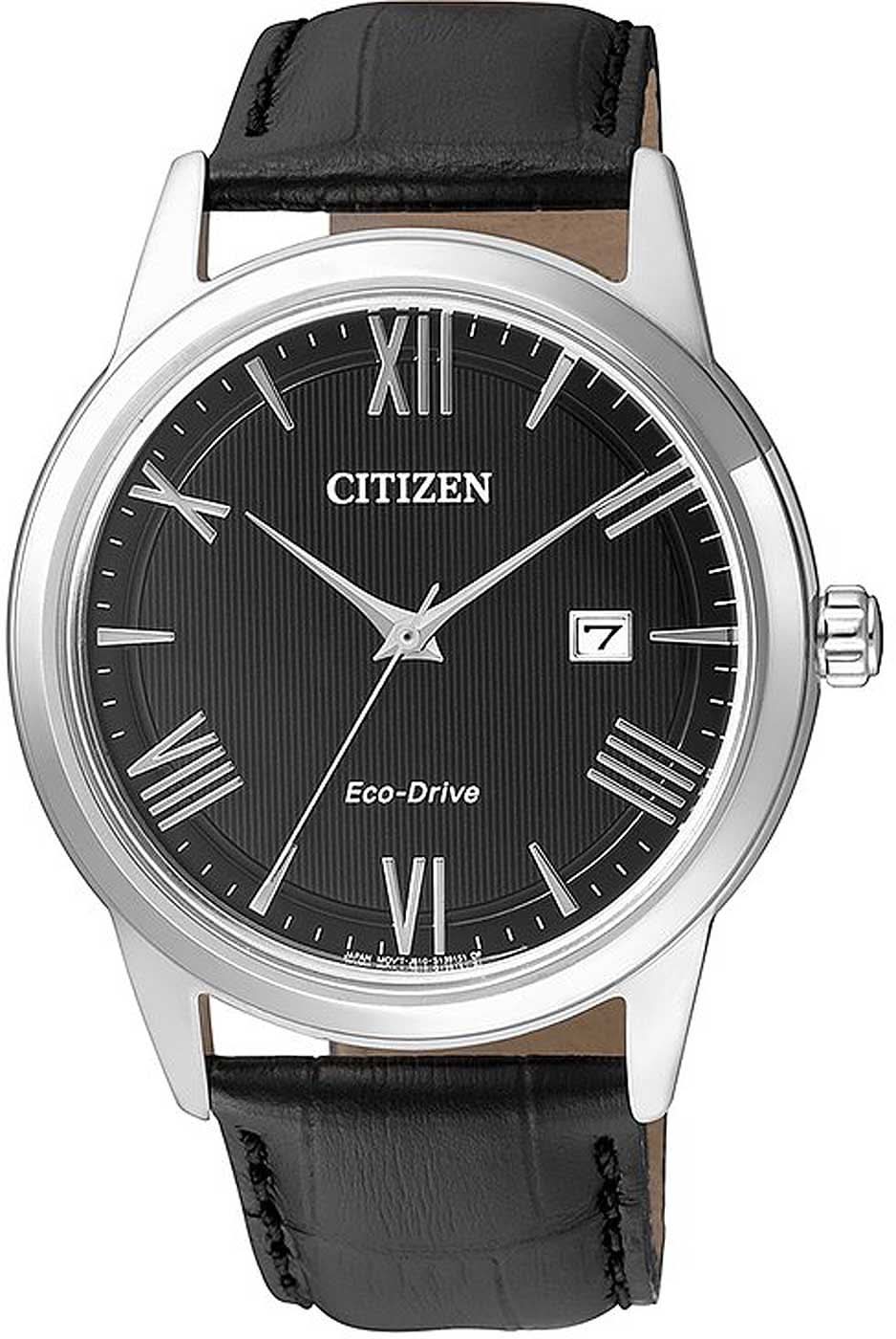 Herrenuhr mit silbernem Gehäuse, schwarzem Zifferblatt und schwarzem Lederarmband.