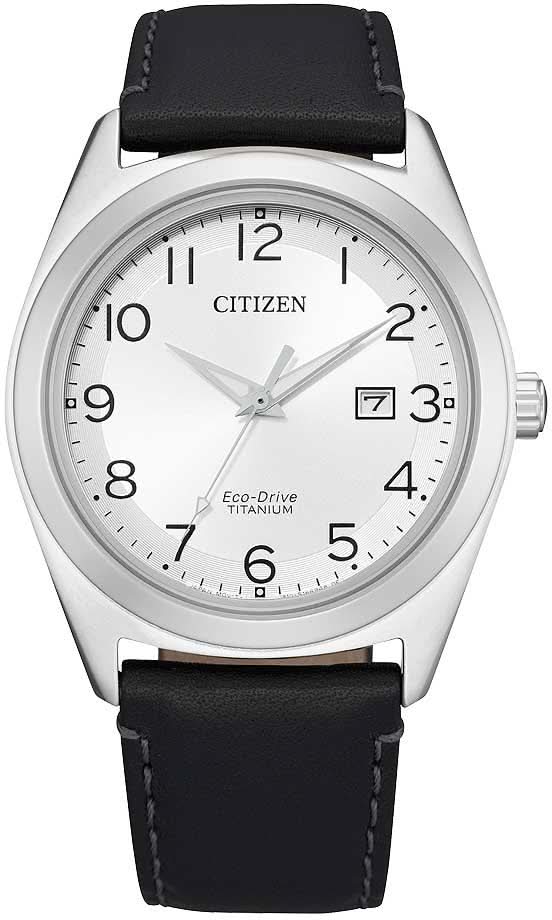 Armbanduhr: silbernes Gehäuse, schwarzes Lederband, Zifferblatt mit CITIZEN