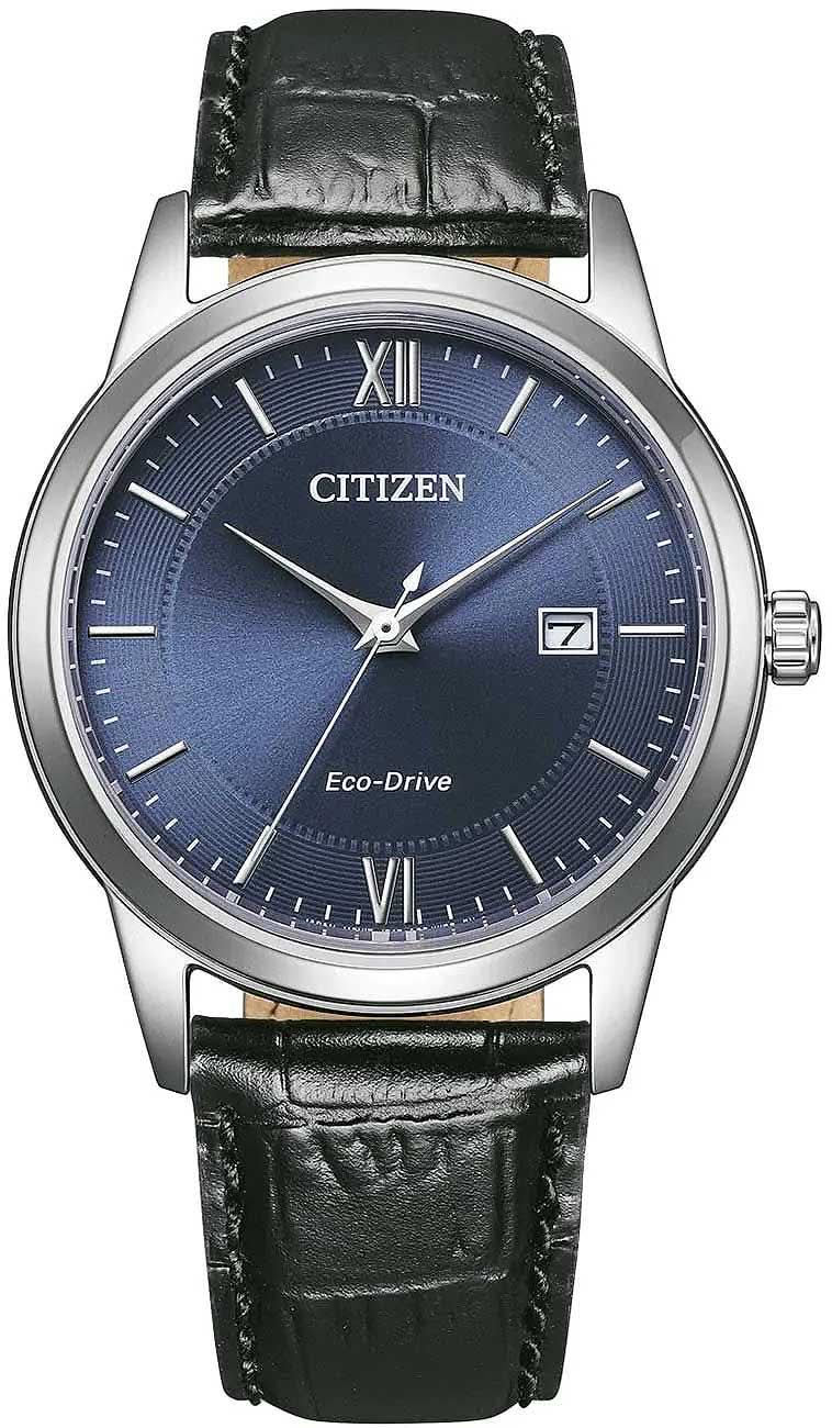 Herrenuhr: blaues Zifferblatt, schwarzes Lederarmband, silbernes Gehäuse