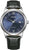 Herrenuhr: blaues Zifferblatt, schwarzes Lederarmband, silbernes Gehäuse