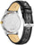 Rückseite einer Herrenarmbanduhr mit schwarzem Lederband und silbernem Gehäuse